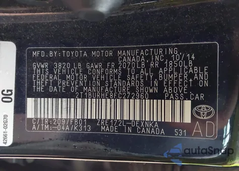 2015 Toyota Corolla Le z USA, uszkodzony, nr VIN 2T1BURHE8FC272960